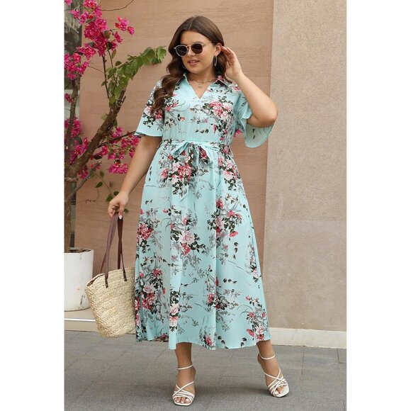 Plus Size Wedding Guest Dress Floral Maxi 3/4 Sleeve Pockets V-Neck - Picture 2 of 7